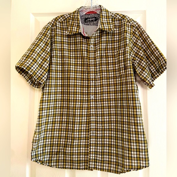 Billabong Shirt Mens Small S/S Poly Cotton Yellow Plaid Button Up Surf - Picture 1 of 5